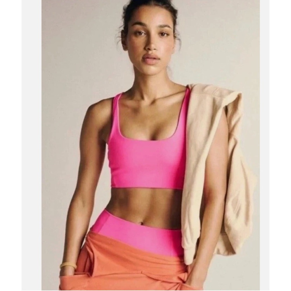 Free People Movement L Pink Sports Bra Square Neck Activewear Workout Gym